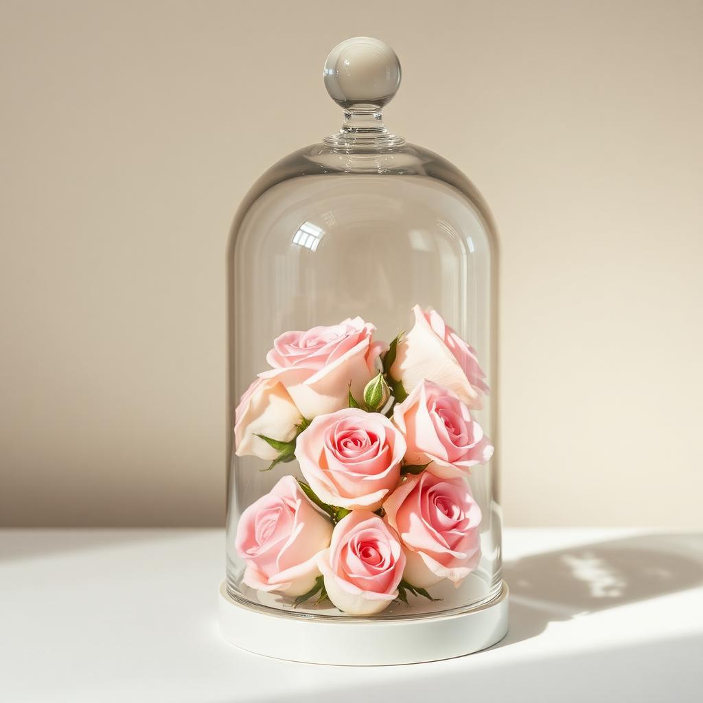 Rose stabilizzate rosa sotto cupola di vetro
